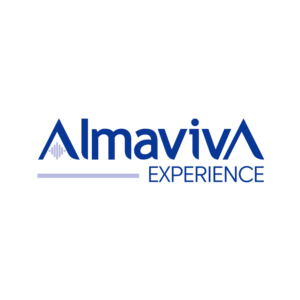 Logotipo azul da Almaviva Experience em fundo branco.