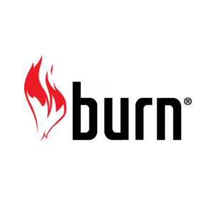 Logo da Burn com uma chama vermelha ao lado do nome em letras pretas.