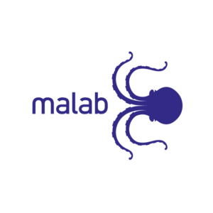 Logo Malab em roxo, com a silhueta de um polvo sobre fundo branco.