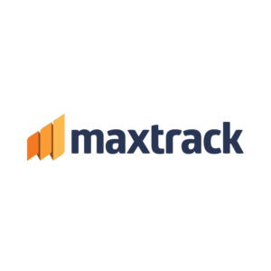 Logotipo Maxtrack em azul-escuro com símbolo geométrico laranja.