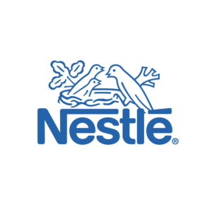 Logo azul da Nestlé com pássaros em um ninho.