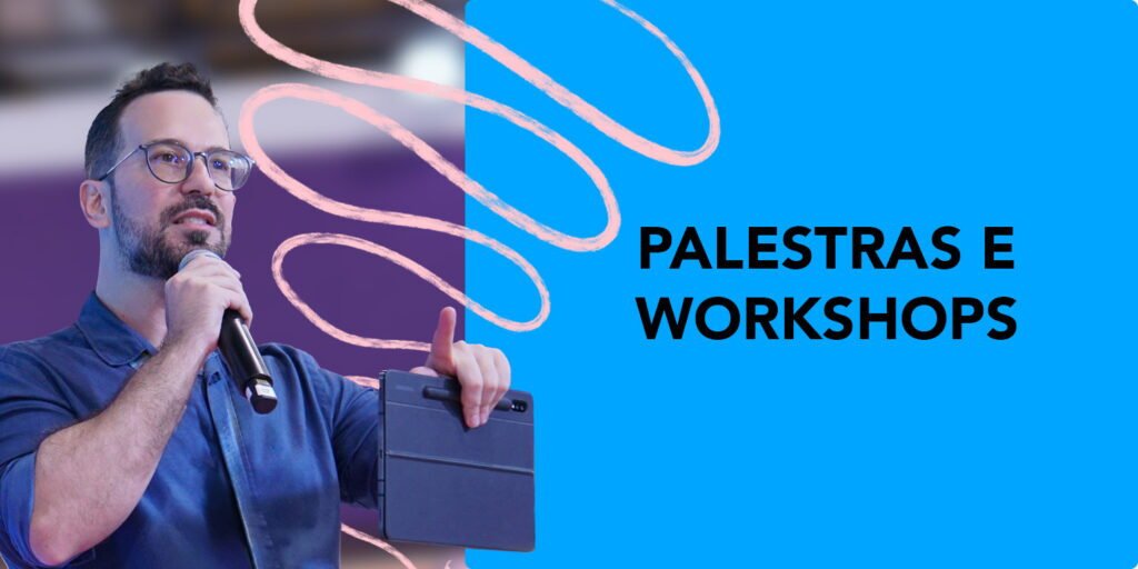 Homem com microfone e tablet ao lado do texto “Palestras e workshops”.