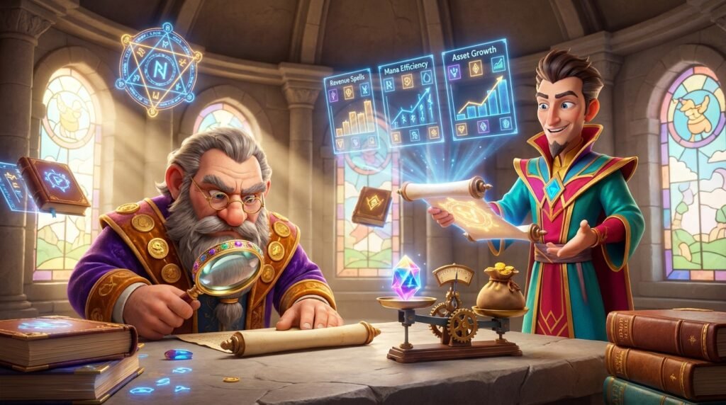 Cena de fantasia bem-humorada com um tesoureiro anão conferindo contas com lupa enquanto um mago estrategista apresenta dados claros em um pergaminho mágico em vez de feitiços caóticos.
