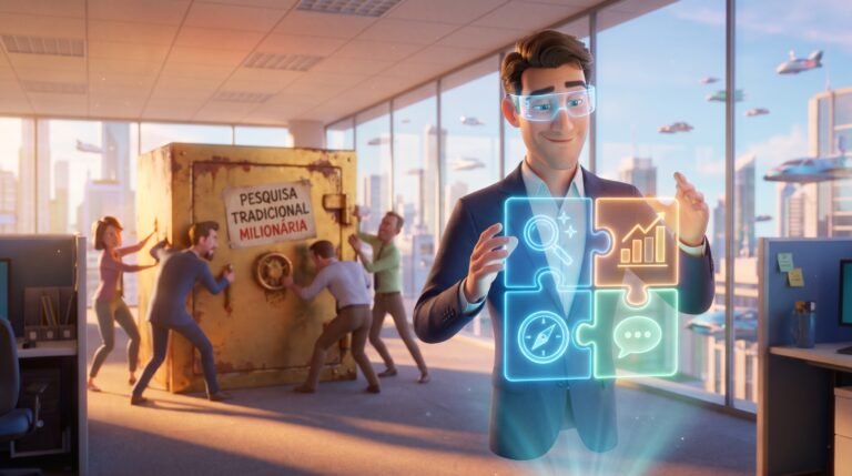 Ilustração 3D cinematográfica e bem-humorada de um profissional montando um quebra-cabeça holográfico flutuante com sinais e métricas de awareness B2B, deixando para trás um cofre pesado de pesquisas caras.