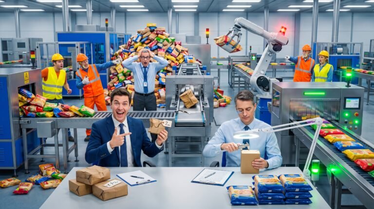 Linha automatizada de produção de alimentos com embalagem defeituosa interrompendo a esteira, enquanto um profissional inspeciona um lote de embalagens industriais.