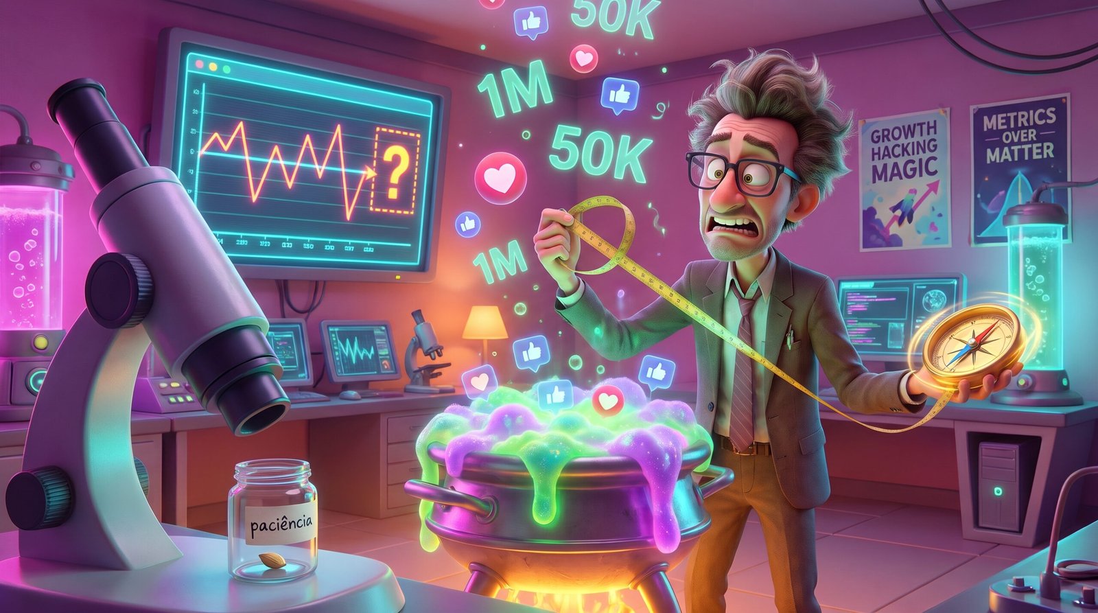 Ilustração 3D cômica de um analista em um laboratório futurista tentando medir com uma fita métrica uma fumaça mágica de likes e corações vazios, simbolizando erros de medição de awareness no B2B.