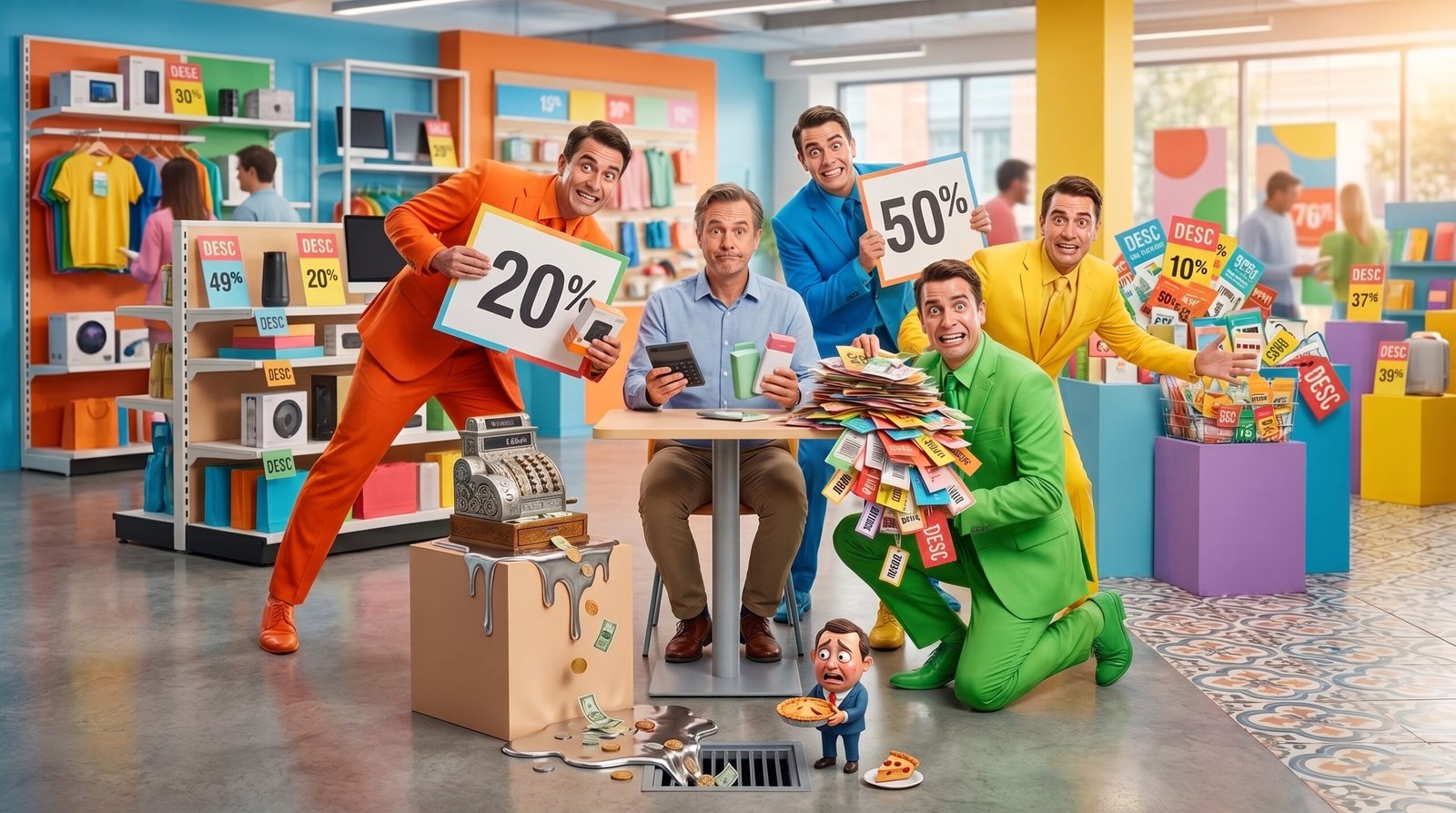 Vendedores disputam clientes com descontos cada vez maiores, ilustrando a guerra de preços em mercados comoditizados e a perda de margem por falta de diferenciação de marca.