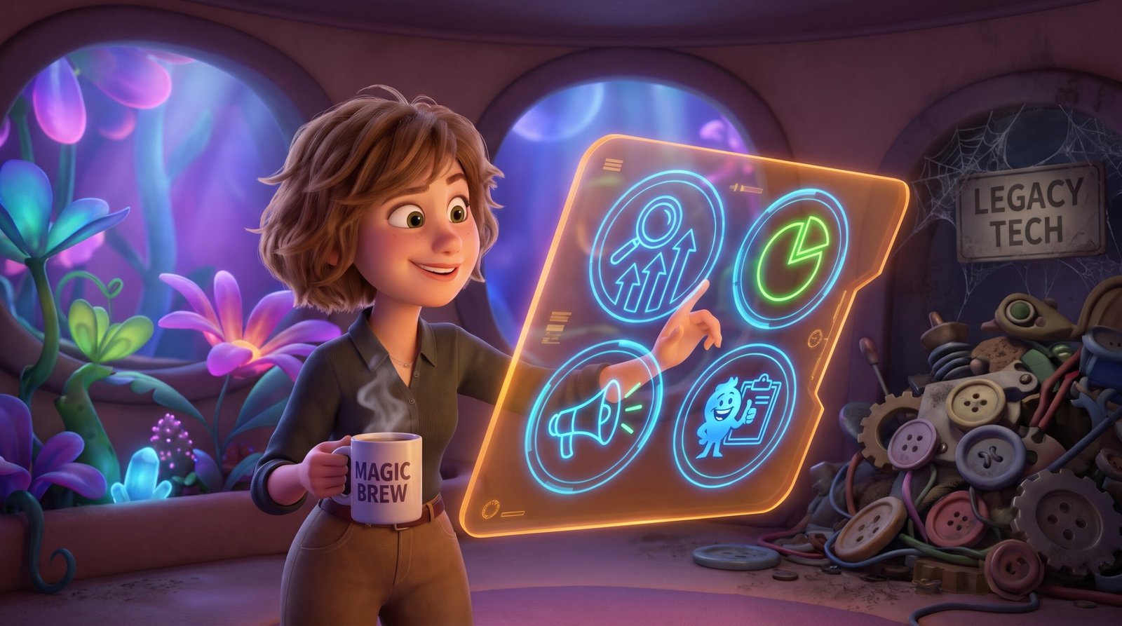 Ilustração 3D cinematográfica e bem-humorada de um profissional operando com tranquilidade um painel holográfico flutuante com quatro indicadores mágicos e simples de awareness B2B.