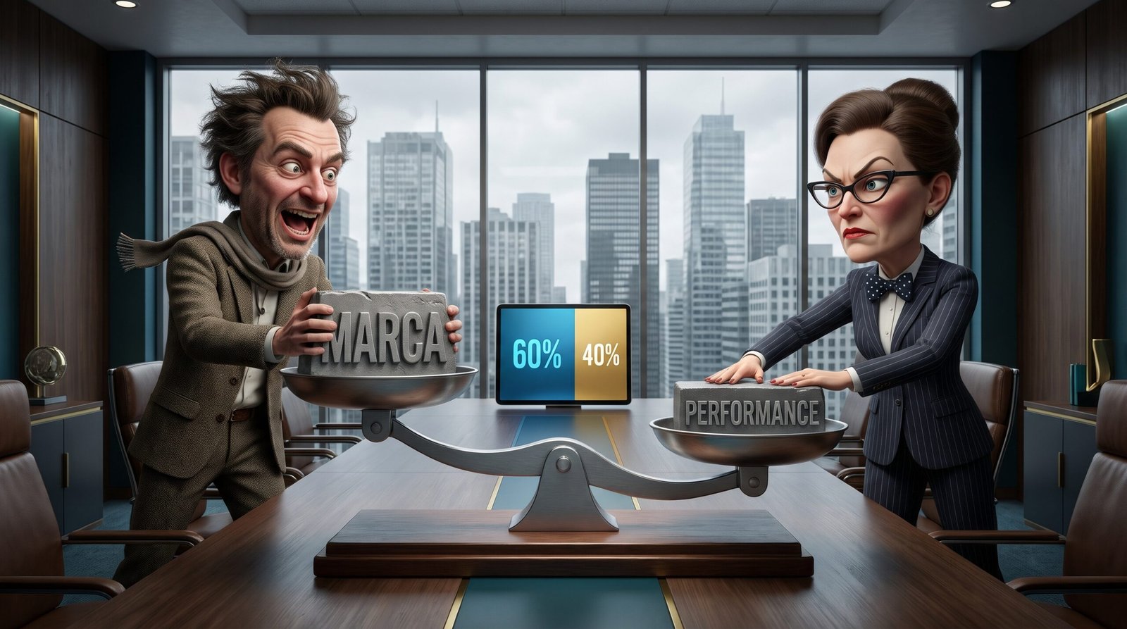 Ilustração satírica de dois executivos disputando o orçamento de marketing em uma balança, representando a divisão entre marca e performance na regra 60/40 B2B.