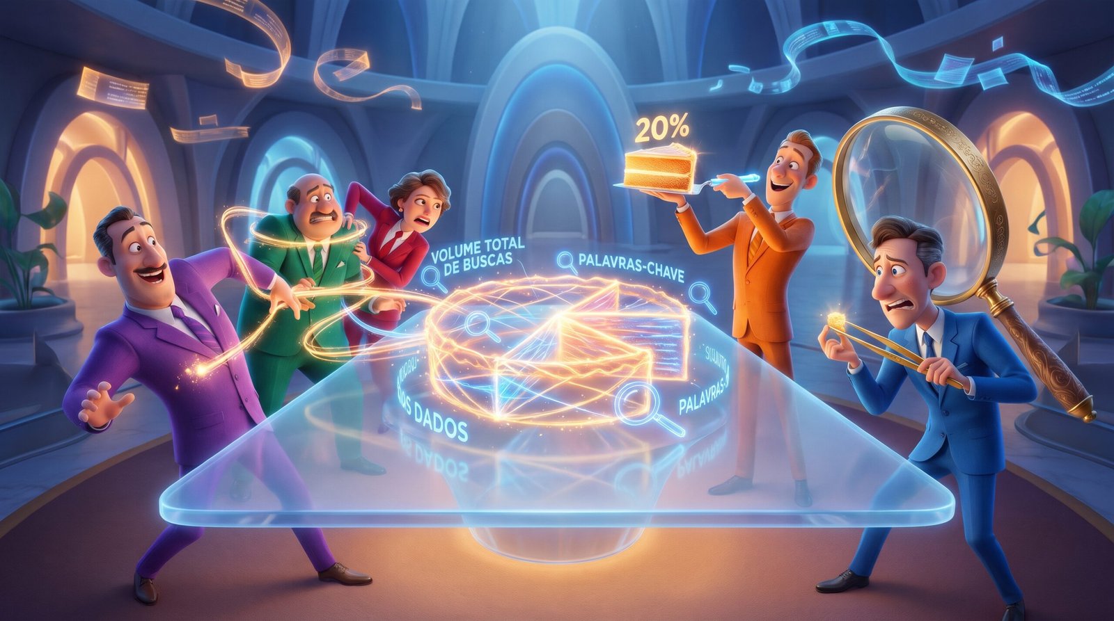 Ilustração 3D lúdica de executivos em torno de uma mesa futurista dividindo uma torta brilhante feita de lupas e raios de luz, representando a fatia de buscas (share of search) de uma marca.